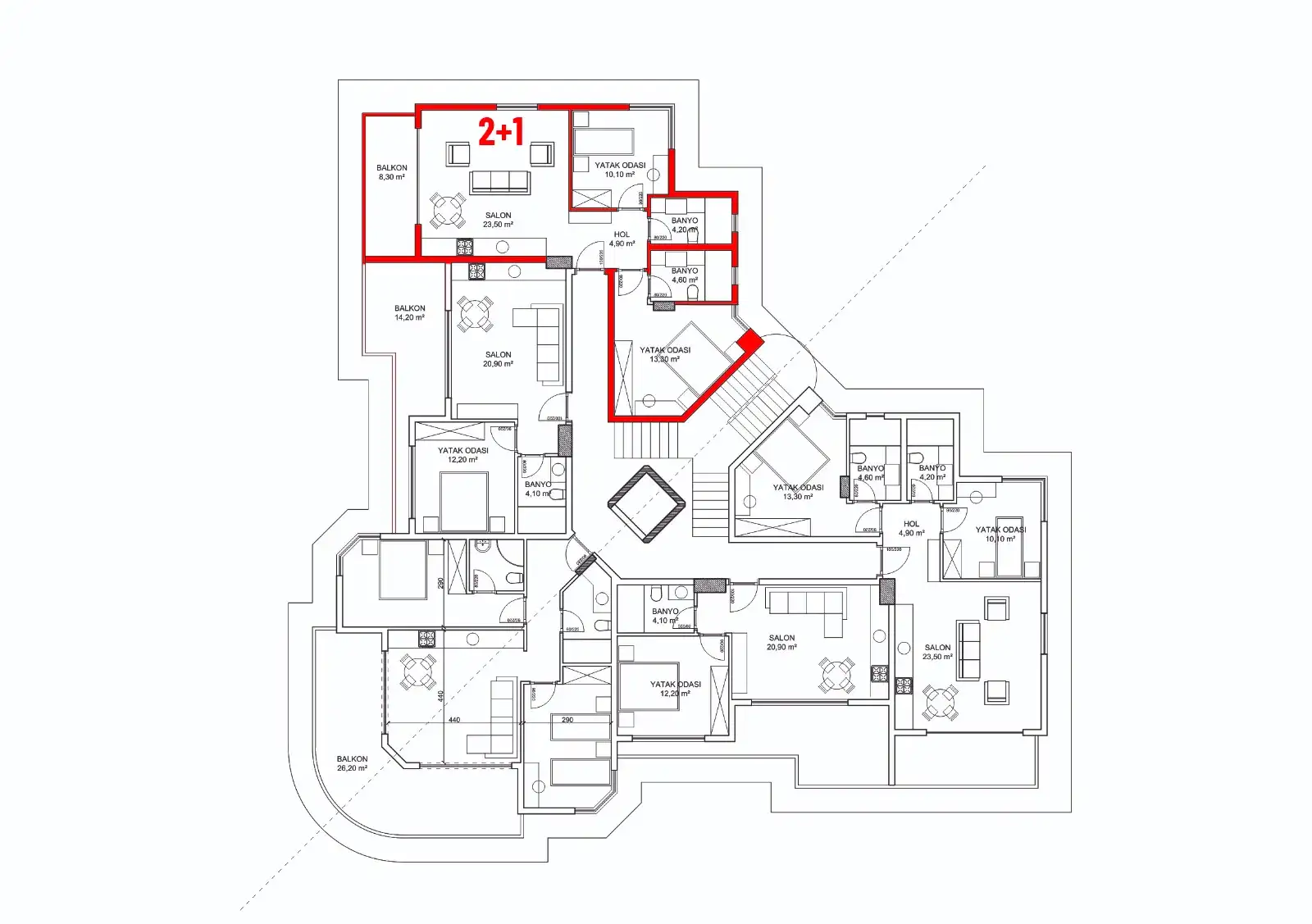 Elite Sinerji 2+1 - Livingroom + Kitchen, Bedroom, Bathroom FloorPlan